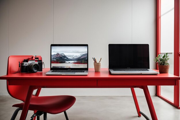 Foto local de trabalho moderno com dois laptops na mesa vermelha contra uma parede branca