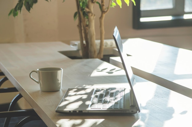 Local de trabalho moderno com laptop nas sombras.