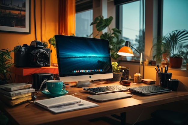 local de trabalho moderno e confortável em casa há computador e laptop em cima da mesa