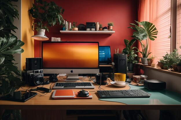 local de trabalho moderno e confortável em casa há computador e laptop em cima da mesa