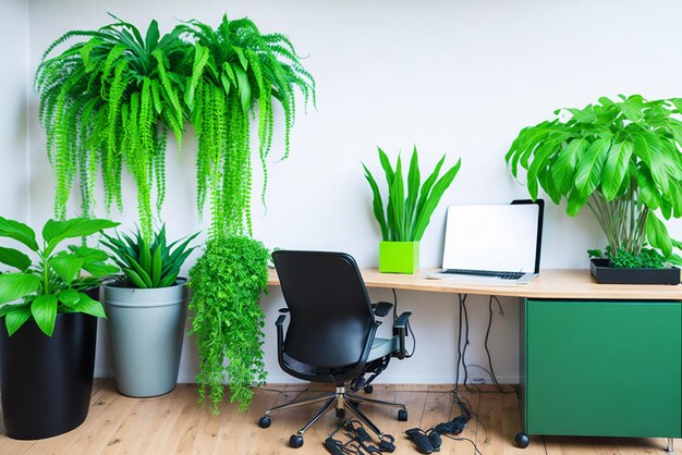 Local de trabalho moderno na sala decorada com vasos de plantas verdes Design de casa