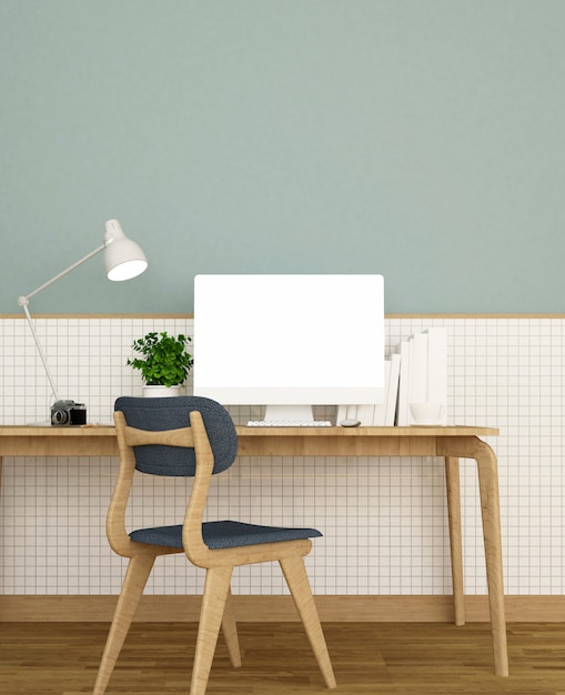 Local de trabalho na parede de cerâmica branca e parede verde decorar em casa ou apartamento