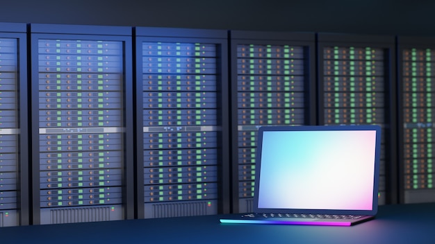 Local do computador portátil com plano de fundo do servidor de hospedagem. Imagem de ilustração de renderização 3D.