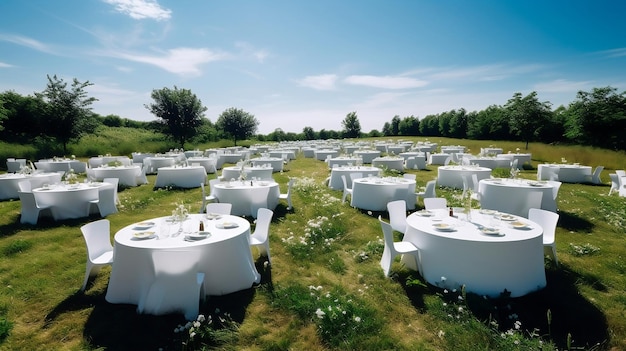 Local encantador para casamentos, várias mesas redondas brancas em um campo verde AI