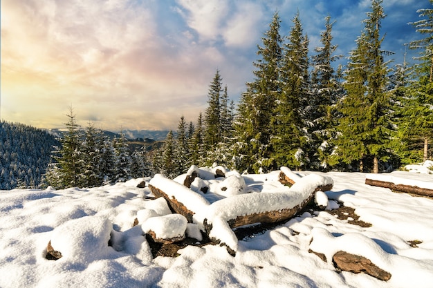 Local enterrado coberto de neve para caminhadas nas montanhas sob o sol forte e frio