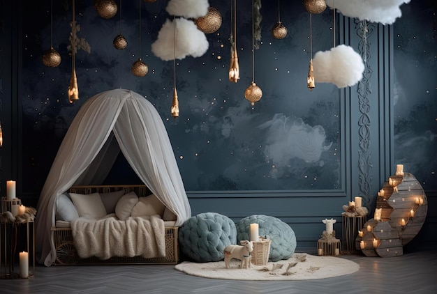 Local infantil para sessão de fotos Lua com estrelas e nuvens decoração sonhadora