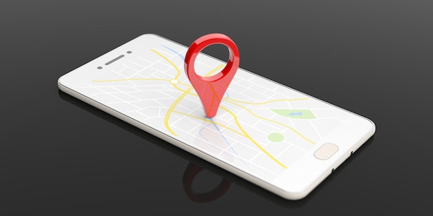 Localização do ponteiro do mapa em uma ilustração 3d de fundo preto de smartphone