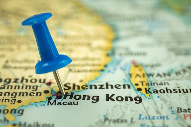Localização Mapa de viagens da República da China de Hong Kong com marcador de ponto de pino de pressão closeup conceito de viagem na Ásia
