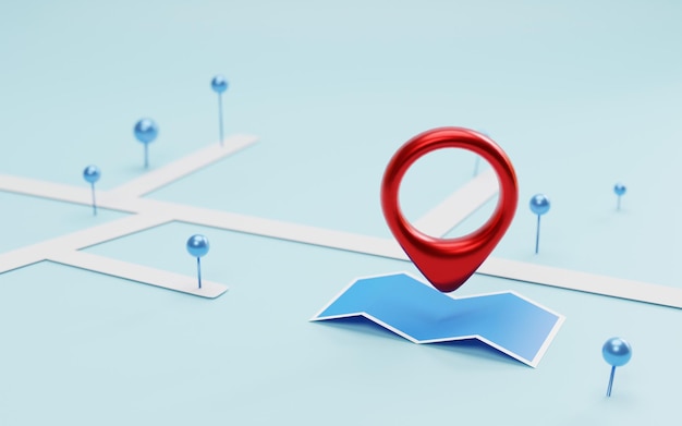 Localizador rojo y pasador de ubicación azul en el navegador con mapa para el concepto de búsqueda por representación 3d