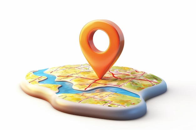 Localizar pin GPS no mapa design realista 3D em estilo de desenho animado com ícone isolado em ilustração de fundo branco
