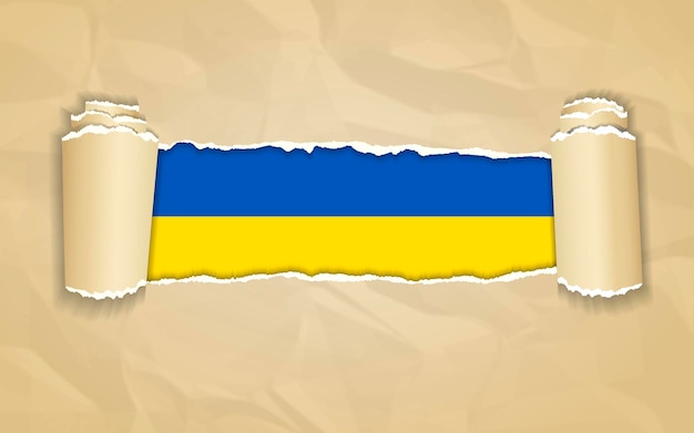 Loch in zerknittertem Papier mit gerollten Seiten und ukrainischer Flagge im Inneren