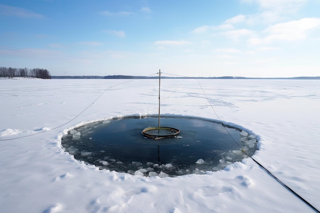 Loch zum Eisangeln mit Angel und Leine, bestückt mit Fischen