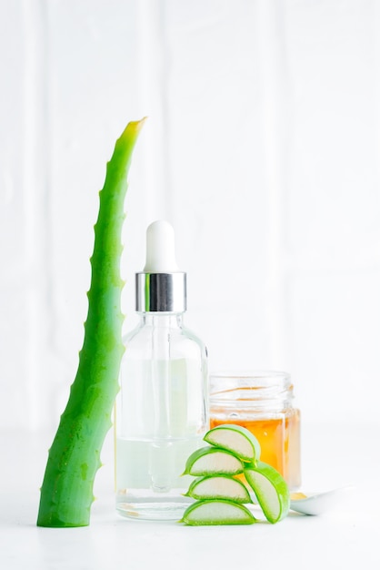 Loción cosmética casera o aceite esencial de planta de aloe vera en rodajas naturales en botellas de vidrio contra gris claro.