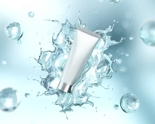 Loción, crema o paquete cosmético humectante del tubo con el chapoteo del agua para hacer publicidad