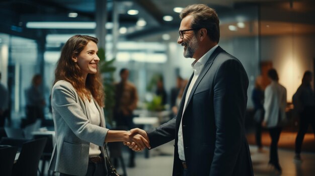 El loco de negocios y la mujer estrechando la mano después de completar el trato