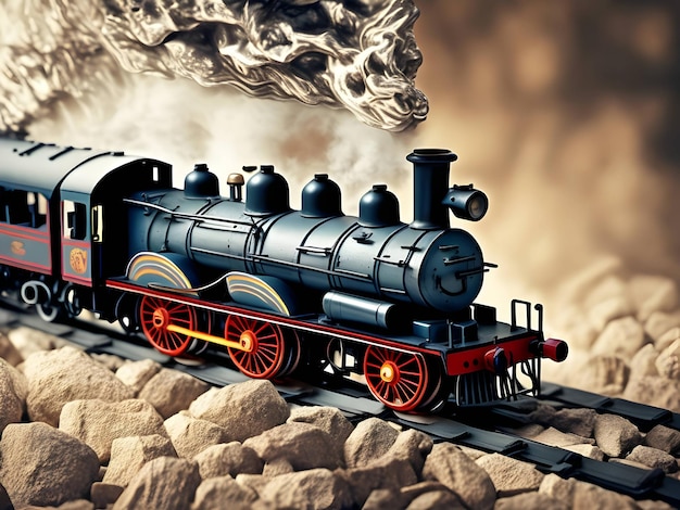 Locomotiva a vapor de brinquedo vintage com fumaça saindo da chaminé