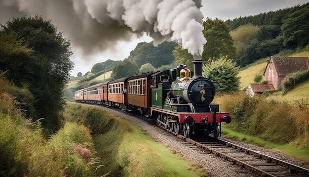 Locomotiva antiga libera fumaça que percorre trilhos de trem gerados por IA