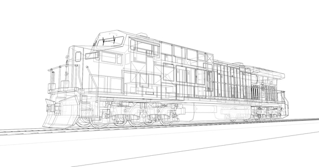 Locomotiva ferroviária a diesel moderna com grande potência e resistência para mover trens ferroviários longos e pesados. renderização 3d.