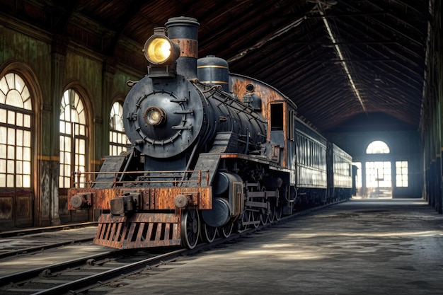 Locomotiva restaurada numa antiga estação ferroviária criada com ai gerativa