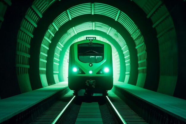 Locomotiva verde eficiente em termos de energia na vista frontal no túnel ferroviário generativo ai