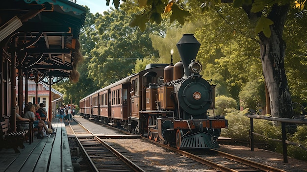 Una locomotora antigua en una encantadora estación de tren histórica Pasajeros vestidos con trajes de época añaden encanto a la escena