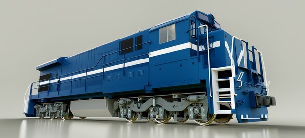 Locomotora de ferrocarril diesel azul moderna con gran potencia y resistencia para mover trenes de ferrocarril largos y pesados. Representación 3D.