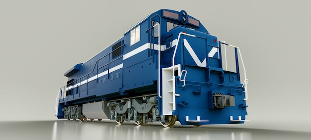 Locomotora de ferrocarril diesel azul moderna con gran potencia y resistencia para mover trenes de ferrocarril largos y pesados. Representación 3d