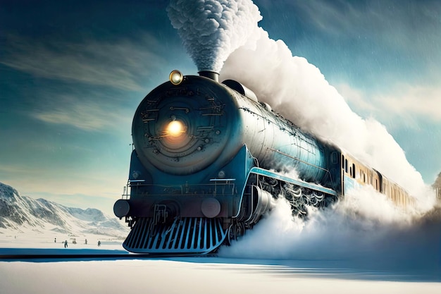 Foto locomotora que deja humo en el cielo arrastra un tren expreso polar creado con ia generativa