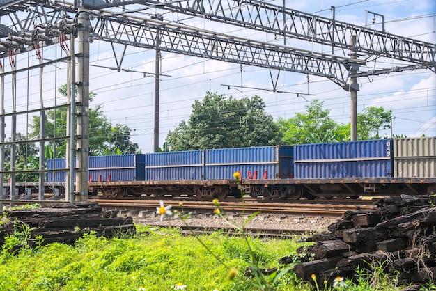 Locomotora de tren de mercancías con carga con fondo de cielo azul