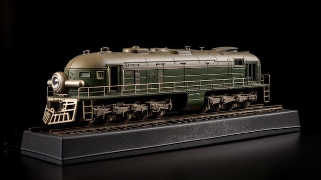 Foto locomotora de tren modelo verde sobre fondo oscuro