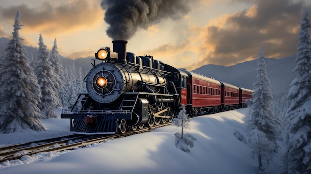 Una locomotora de vapor antigua atravesando un paisaje nevado
