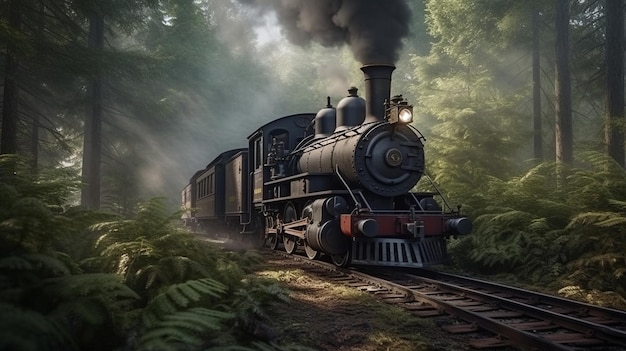 Foto locomotora de vapor en el bosque generativo ai