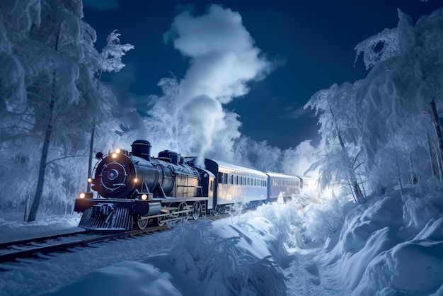 Locomotora de vapor en el bosque de invierno por la noche IA generativa