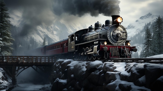 una locomotora de vapor cruzando un puente de nieve papel tapiz 3D