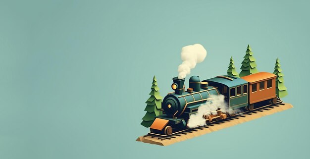 Locomotora de vapor de época con carruajes en estilo 3D de juguete en un fondo limpio