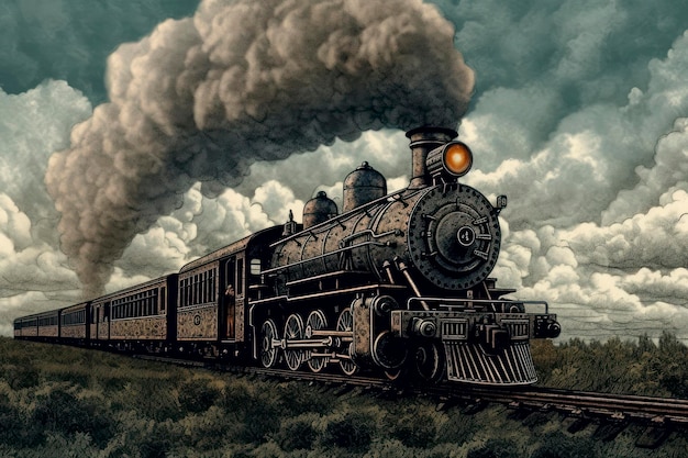 Una locomotora de vapor pasada de moda sopla a lo largo de las vías