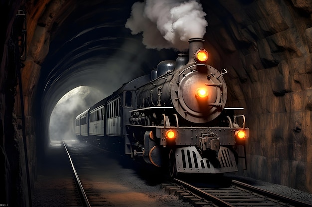 Locomotora de vapor en un túnel por la noche