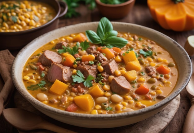 Foto locro um guisado saudável feito com carne de grãos de milho