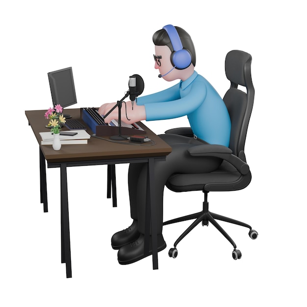 Un locutor de radio masculino sentado usando auriculares con computadora en la mesa mientras escribe en el teclado