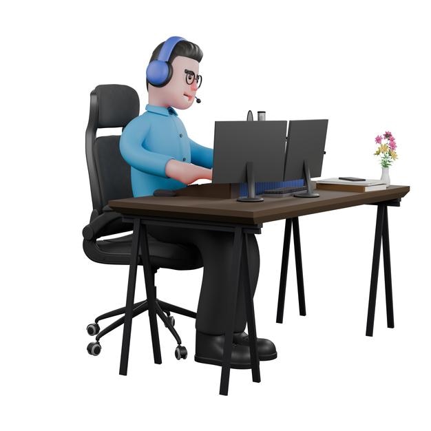 Un locutor de radio se sienta con una computadora en la mesa mientras escribe en el teclado