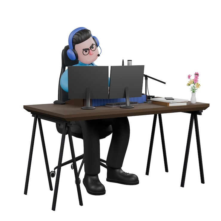 Foto un locutor de radio se sienta con una computadora en la mesa mientras escribe en el teclado