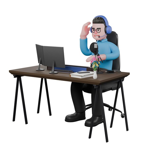 Un locutor de radio se sienta con la mano izquierda sosteniendo el micrófono