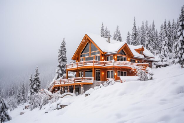 Foto lodge de esqui com acentos de pêssego e laranja na neve para resort de esqui de inverno