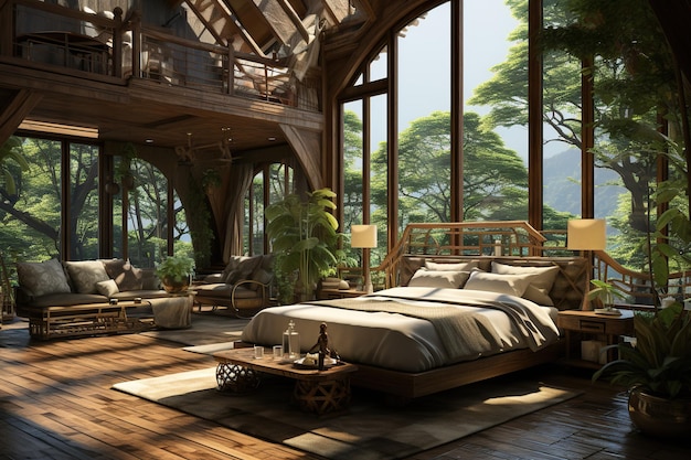 Lodge de madera de estilo tailandés diseñado para la relajación y la meditación Generado con IA
