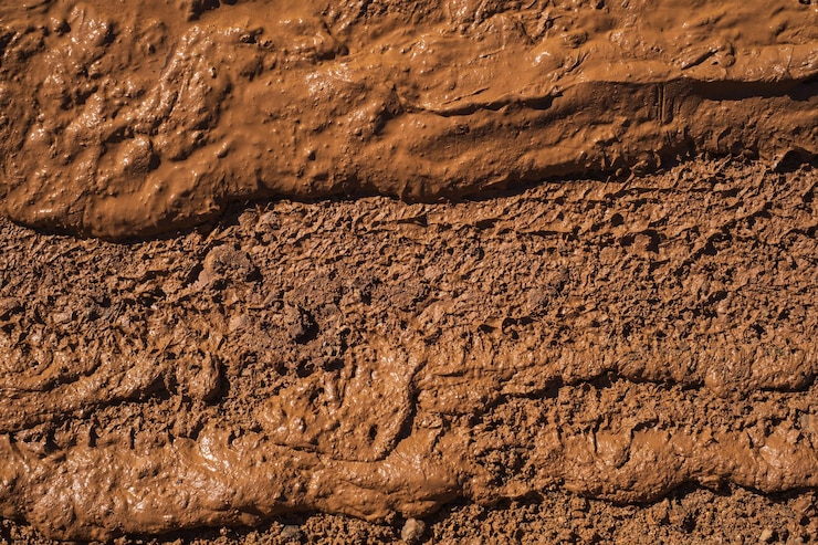 Foto lodo molhado e sujo no campo, textura de fundo, vista superior