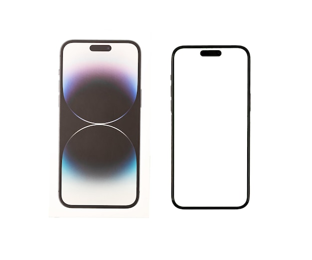 Lodz Polônia 11 de junho de 2023 Iphone 14 pro max maquete de tela e caixa de telefone isolada em fundo branco