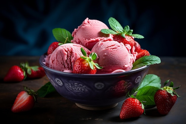 Löffel erfrischendes Erdbeer-Eis in einer Schüssel Generative Ai