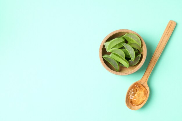 Löffel mit Aloe-Gel und Schüssel mit Scheiben auf Minzhintergrund