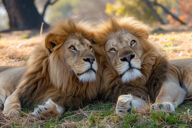Löwe, die sich entspannen Zwei braune Löwen, die friedlich auf dem Gras liegen.