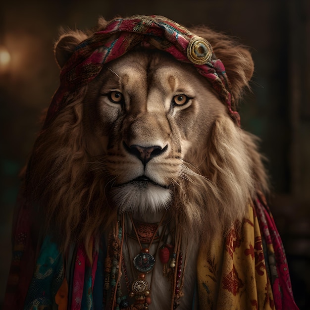 Löwe im boho böhmischen mittelalterlichen Hippie-Outfit mit surrealen Perlen